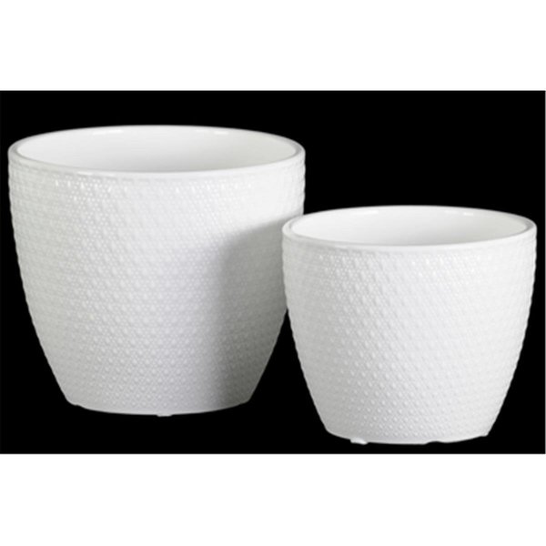 Urban Trends Collection Ceramic Round Pot with Embossed Diamond Design Body  Tapered Bottom White Set of 2 51800